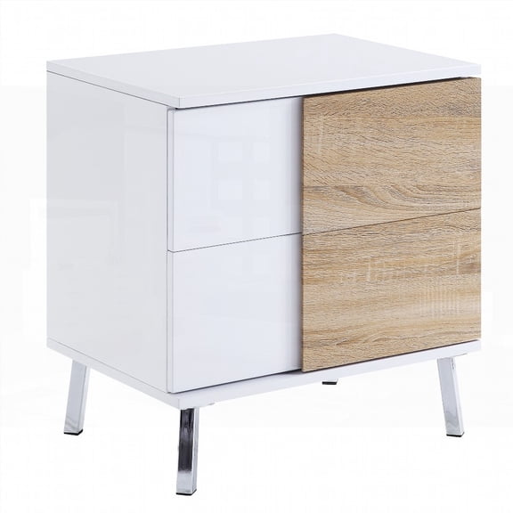 Contemporary White High Gloss and Natural End Table with 2 Convenient Drawers