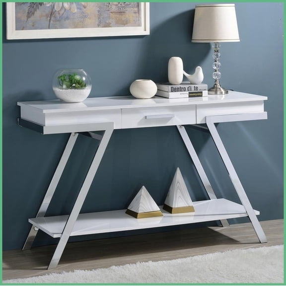 Contemporary White Living Room Sofa Table – High Gloss Chrome Frame with Open Shelf & Storage Drawer