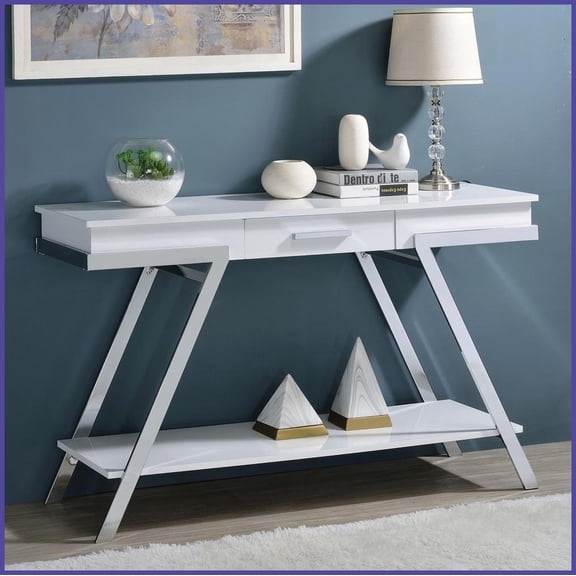 Contemporary White Living Room Sofa Table with High Gloss Chrome Frame – Space-Saving, Matching Coffee Table Optional