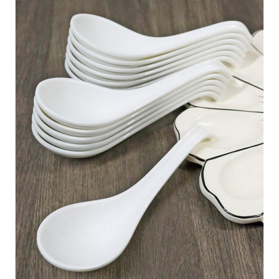 Contemporary White Melamine Asian Soup Spoons With Ladle Hook Pack Of 12 Set