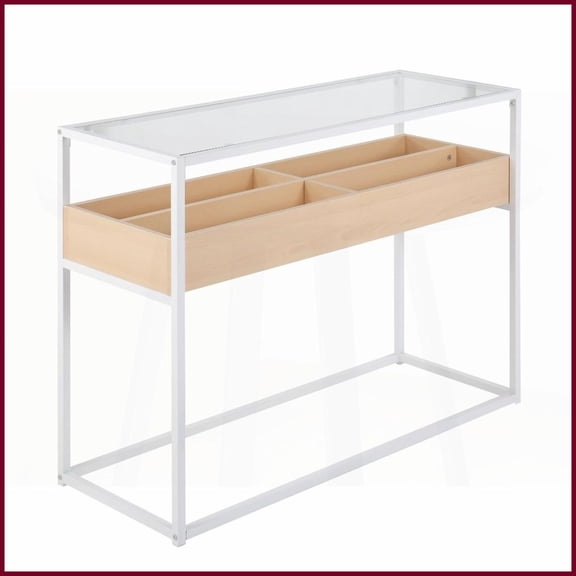 Contemporary White Metal & Glass Coffee Table with Natural Wood Storage - Fits Living Room, Entryway