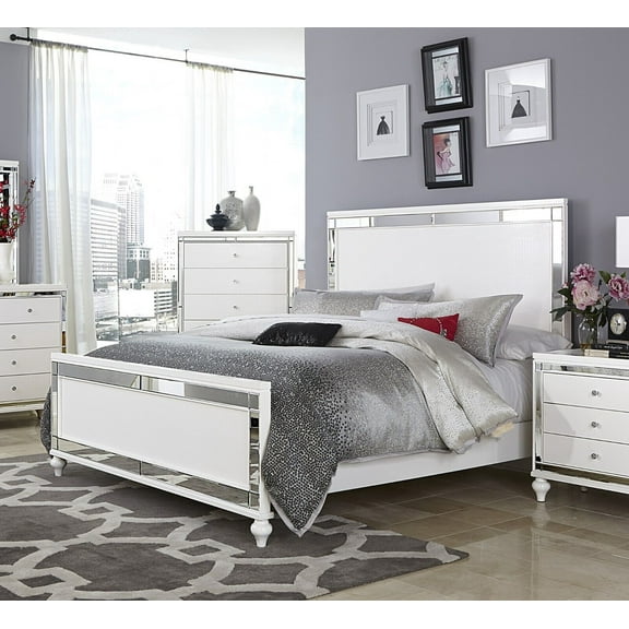 Contemporary White Metallic Finish 1pc Queen Size Bed Linear Mirror Design Headboard Footboard Bedroom Furniture