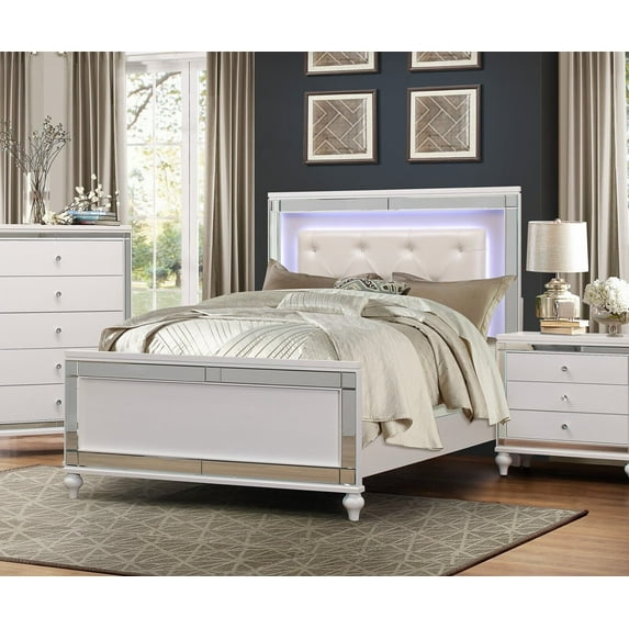 Contemporary White Metallic Finish Queen Bed 1pc Button-Tufted LED Headboard Faux Alligator Embossed Textural Panels