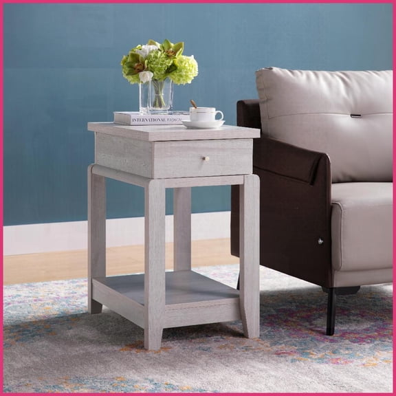 Contemporary White Oak Coffee Table for Living Room, Chair Side End Table with Drawer & Shelf for Extra Storage