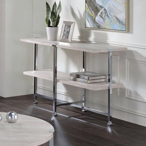 Contemporary White Oak Finish Wooden Top Sofa Table with Chrome Metal Frame for Living Room, 1pc Console Table