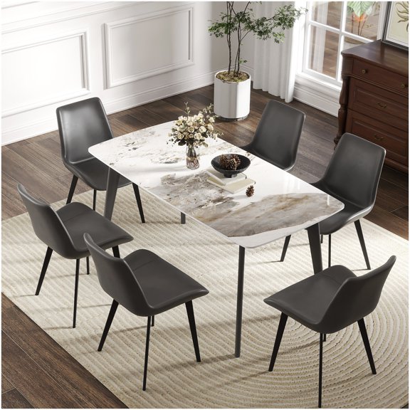 Contemporary White Pandora Dining Table, Curved Edge and Dark Gray Metal Base for 6