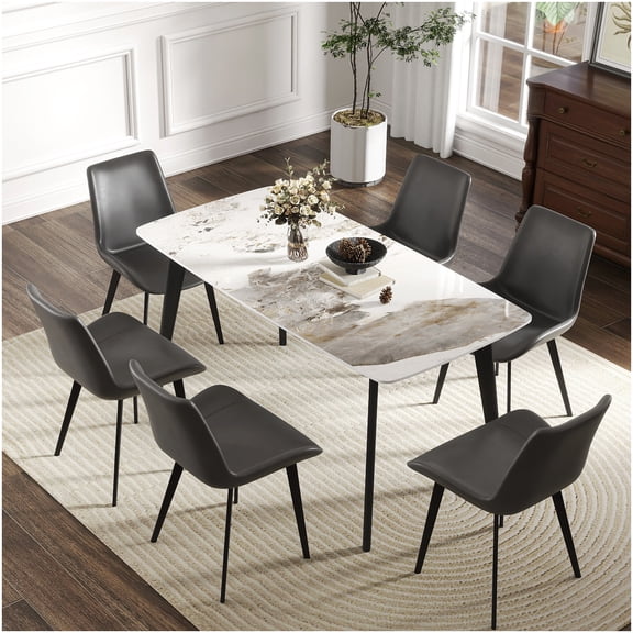 Contemporary White Pandora Dining Table with Black Metal Base, Sintered Stone Top for 6-8 Person