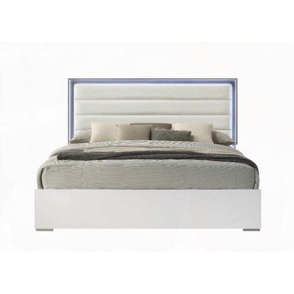 Contemporary White Queen Bed Featuring LED Headboard and Wood