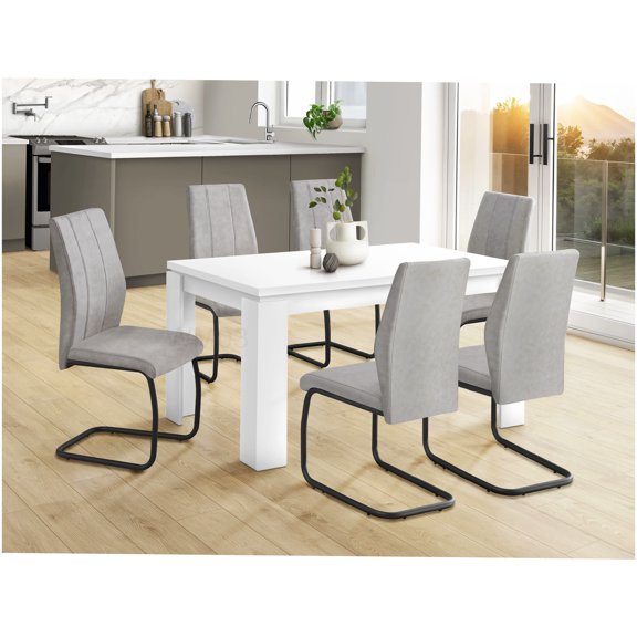 Contemporary White Rectangular Kitchen Table, 60 Inch Modern Design with Thick Legs, Laminate MDF Top, for Dining Room