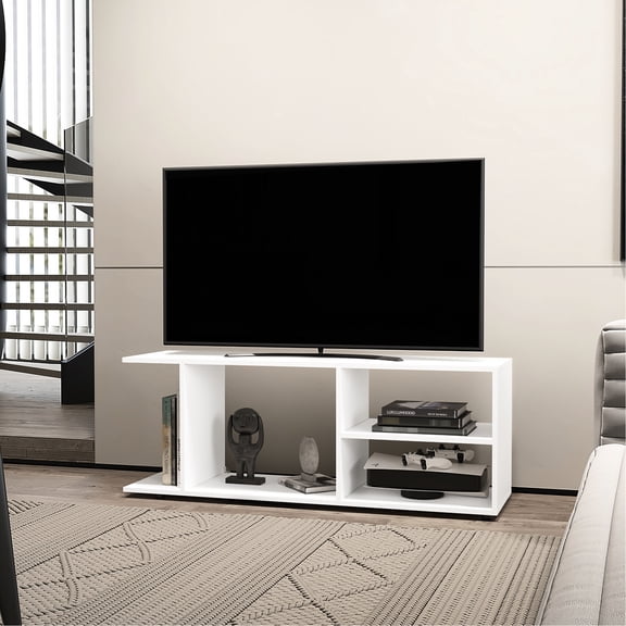Contemporary White Tv Desk With Abundant Storage Holder Plentiful Space For Accessories