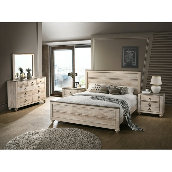 Contemporary White Wash Finish 5-Piece Bedroom Set-Queen Bed, Dresser, Mirror, Nightstands