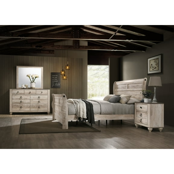 Contemporary White Wash Finish Bedroom Set with Queen/King Sleigh Bed, Dresser, Mirror, Nightstand