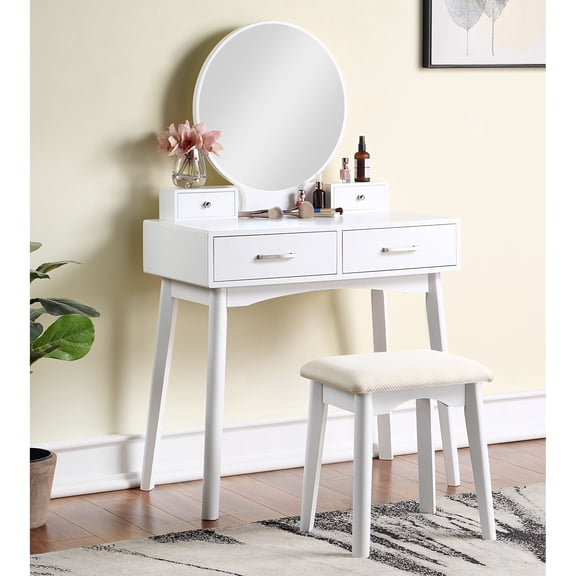 Contemporary White Wood Set: Vanity and Stool / Meets Makeup and Decor Demands