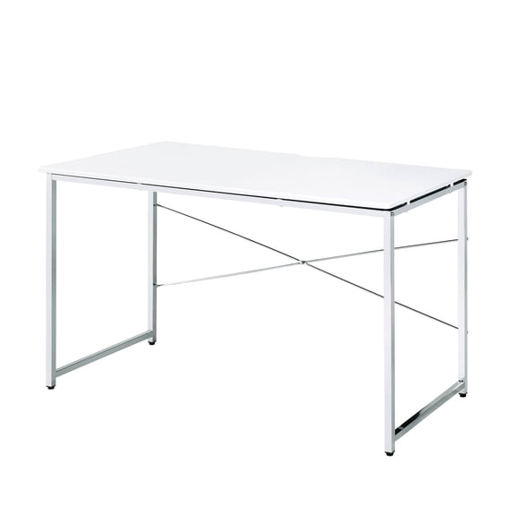 Contemporary White and Chrome Office Desk | Used in Workspaces | Composite Wood and Metal Craft | Offers Stability and Sophistication