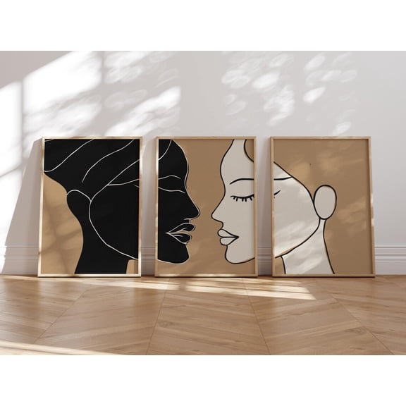 Contemporary Women Wall Art Female Faces Prints Minimalist Feminine Beige Modern Art, Stretched Canvas