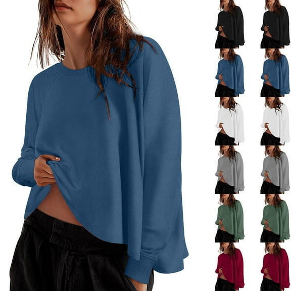 Contemporary Women's Fashion Plus Size European And American Women's Solid Color Loose Long Sleeved Round Neck Sweatshirt Long Sleeved V-neck Top/shirt