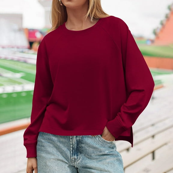 Contemporary Women's Fashion Plus Size European And American Women's Solid Color Loose Long Sleeved Round Neck Sweatshirt Long Sleeved V-neck Top/shirt