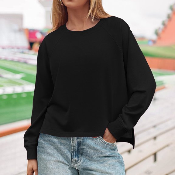 Contemporary Women's Fashion Plus Size European And American Women's Solid Color Loose Long Sleeved Round Neck Sweatshirt Long Sleeved V-neck Top/shirt