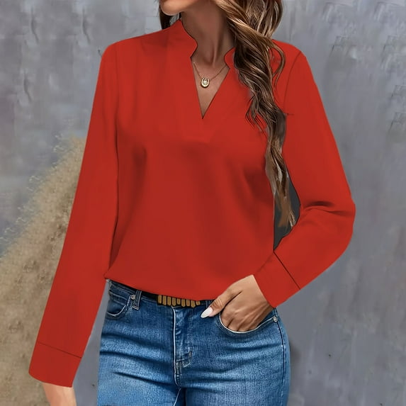 Contemporary Women's Fashion Plus Size Women's Casual Solid Color Long Sleeve V-neck Tops