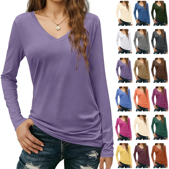 Contemporary Women's Fashion Plus Size Womens Long Sleeved V-neck Solid Color Top T-shirt