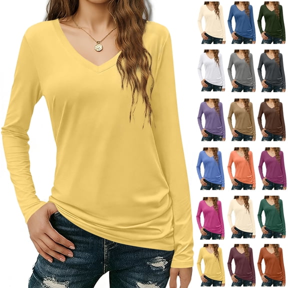 Contemporary Women's Fashion Plus Size Womens Long Sleeved V-neck Solid Color Top T-shirt