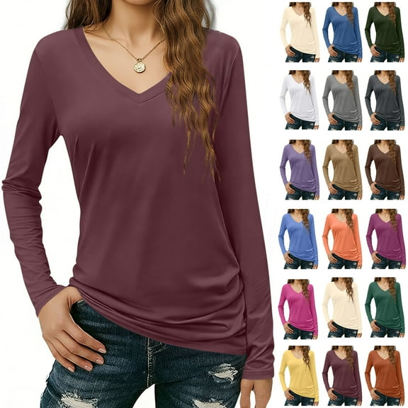 Contemporary Women's Fashion Plus Size Womens Long Sleeved V-neck Solid Color Top T-shirt