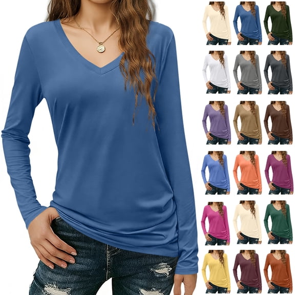 Contemporary Women's Fashion Plus Size Womens Long Sleeved V-neck Solid Color Top T-shirt