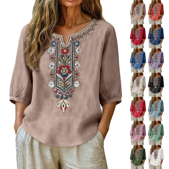 Women's Embroidered Tops 3/4 Sleeve Boho Linen Shirts V Neck Summer Casual Tops Peasant Tunic Loose Blouse