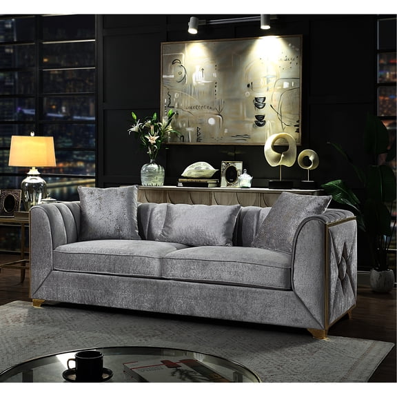 Contemporary Wood And Velvet Combination In Silver For Living Room With Frame Seating Comfort