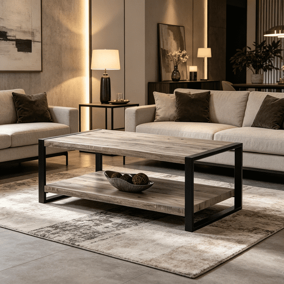 Contemporary Wood Coffee Table with Lower Shelf, Rustic Brown Finish for Living Room Storage
