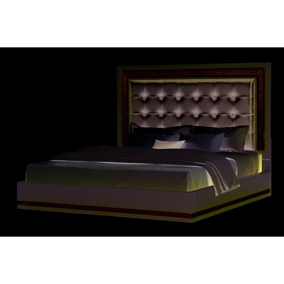 Contemporary Wood King Bed With Led Lights And Velvet Upholstery Bedroom Size