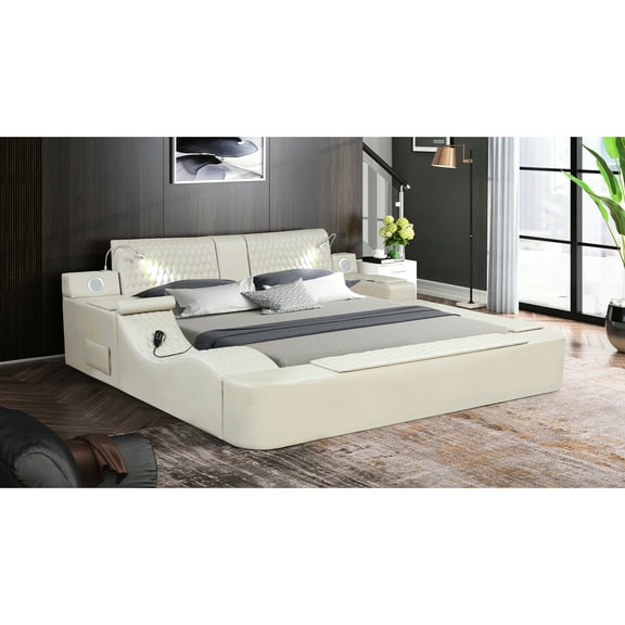 Contemporary Wood Queen Bed In Beige With Massage Feature & Book Rack Frame Built-in Speakers Unit
