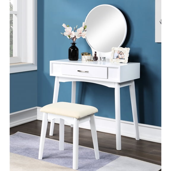 Contemporary Wood Vanity And Stool In White - Stylish For Home Decoration Plan Table With Mirror Drawer Solid Rubberwood Cushioned , Modern Style Cushion Provide Comfort While Dressing
