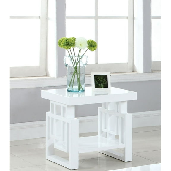 Contemporary Wooden End Table With Designer Sides & Shelf, Glossy White