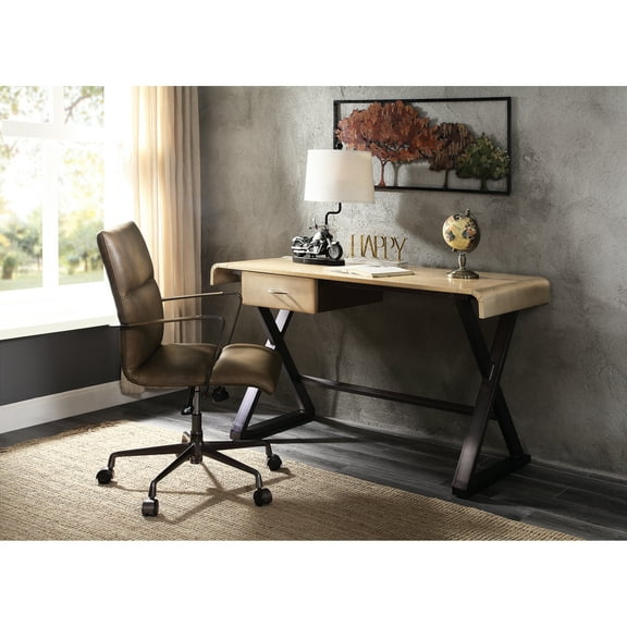 Contemporary Work Desk With Gold Aluminum Finish And Leg Base Stylish Rectangular Desk: Aluminum, Leather Enhancement