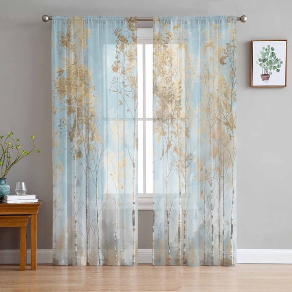 Contemporary Yellow Blue Tree Sheer Curtains 84 Inches Long 2 Panels Set, Window Sheer Curtains for Living Room/Bedroom, Abstract Art Oil Paiting Light Filtering Rod Pocket Curtain 52'' x 84'' x 2