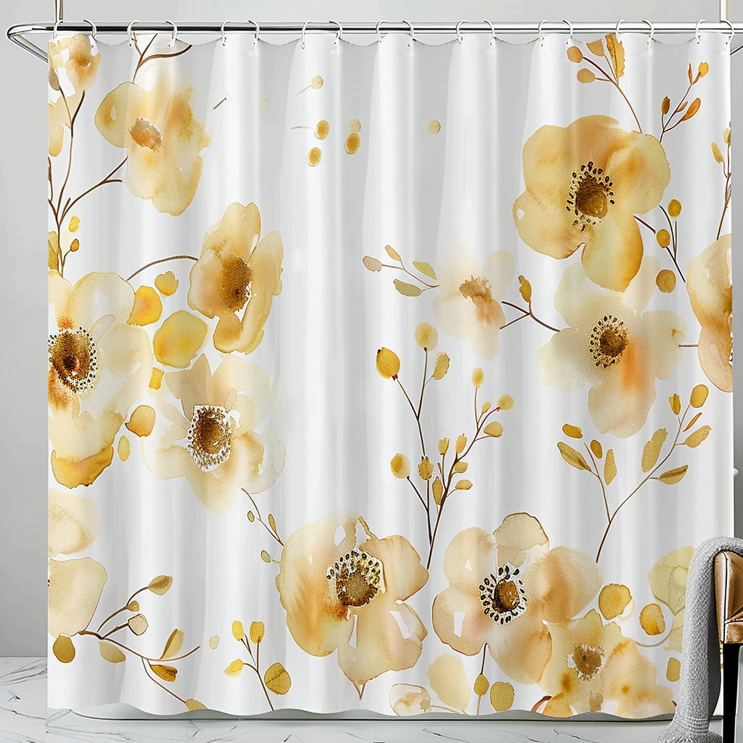 Contemporary Yellow Floral Shower Curtain Abstract Design White