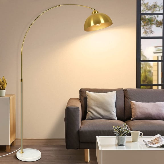 Contemporary golden 73-inch arched floor lamp, marble base adjustable high standing lamp with hanging dome light shade for farmhouse sofa above, industrial task/reading standing corner lamp, suitable