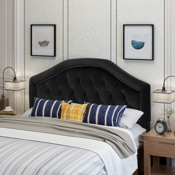 Contemporary style black velvet queen headboard with tufted diamond and nailhead accents for bedroom charm