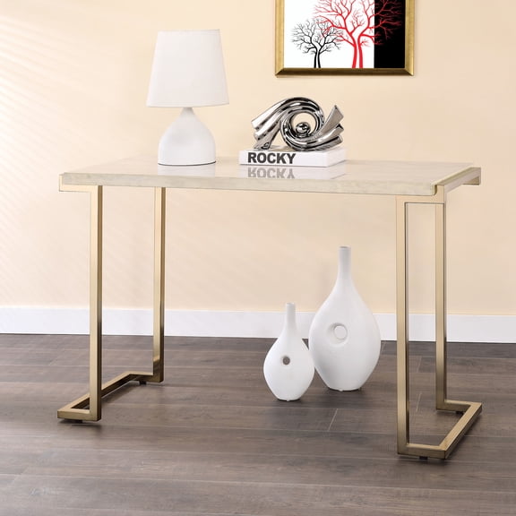 Contemporary white and champagne sled base rectangular sofa table with faux marble top for living room display