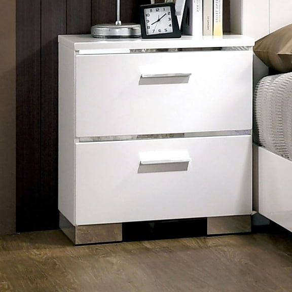 Contemporary white nightstand with chrome feet / Practical storage solution for the bedroom
