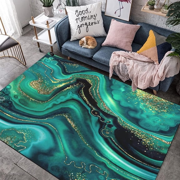 Contemporay Turquoise & Green Abstract Area Rug For Living Room Premium Medium Pile Bedroom Playroom Carpet Luxury Liquid Pattern Dining Kitchen Rug 5x6ft