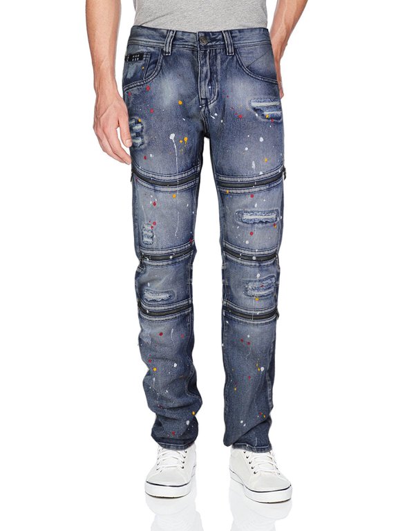 Men's Cotton Moto Quilted Zip Distressed Ripped Destroyed Denim Jeans (9FD16 - MD Indigo,34,40)