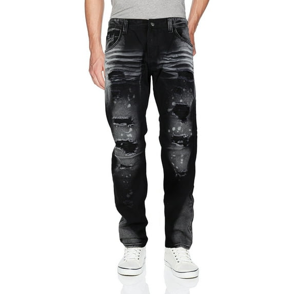 Contender Men's Cotton Moto Quilted Zip Distressed Ripped Destroyed Denim Jeans (9FT22 - Black Twill,32,36)