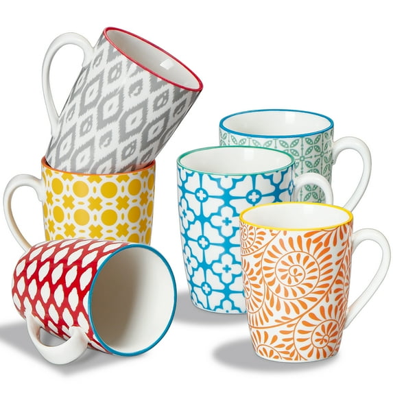 Contenpo 12 OZ Ceramic Coffee Mugs set of 6, Printing Design Coffee Cups Set for Coffee, Tea, Milk, Cocoa, Cereal