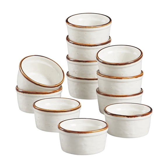 Contenpo 12Pcs 2.75" Ceramic Ramekins, Speckled Mini Baking Cups with Brown Rim, 3oz Souffle Dishes for Dipping, Desserts, Charcuterie