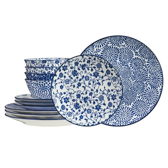 Contenpo 12pcs Vintage Blue Ceramic Dinnerware Set Scratch-Resistant & Dishwasher Safe, 4x8" Salad Plates, 4x10" Dinner Plates, 4x5.5" Bowls