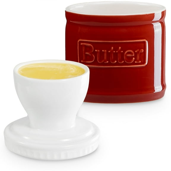 Contenpo 1pc Ceramic Butter Keeper Fresh Spreadable, Water Line Indicator, Red