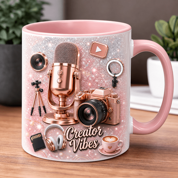 Content Creator Ceramic Coffee Mug with Microphone Camera Design, Pink Gift Cup