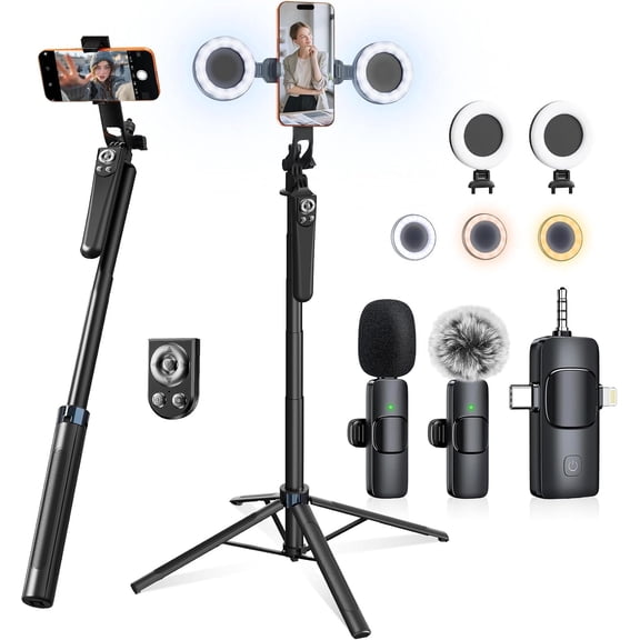 Content Creator Essentials Vlogging Kit for , 71" Tripod for  Video Recording with Light,  Microphones, Remote, Selfie Stick Phone Stand for , YouTube